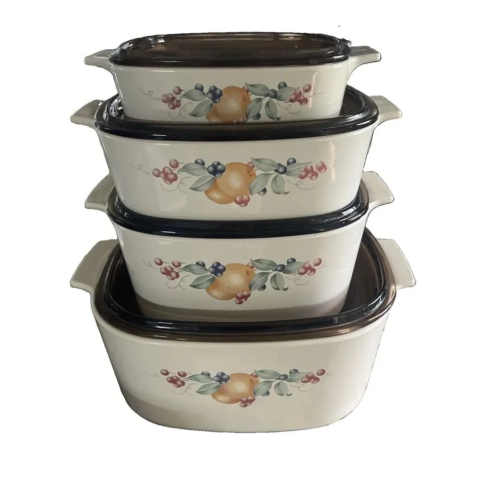 Vintage Corning Ware Abundance Pattern Casserole Set with Amber Lids (8 Pieces)